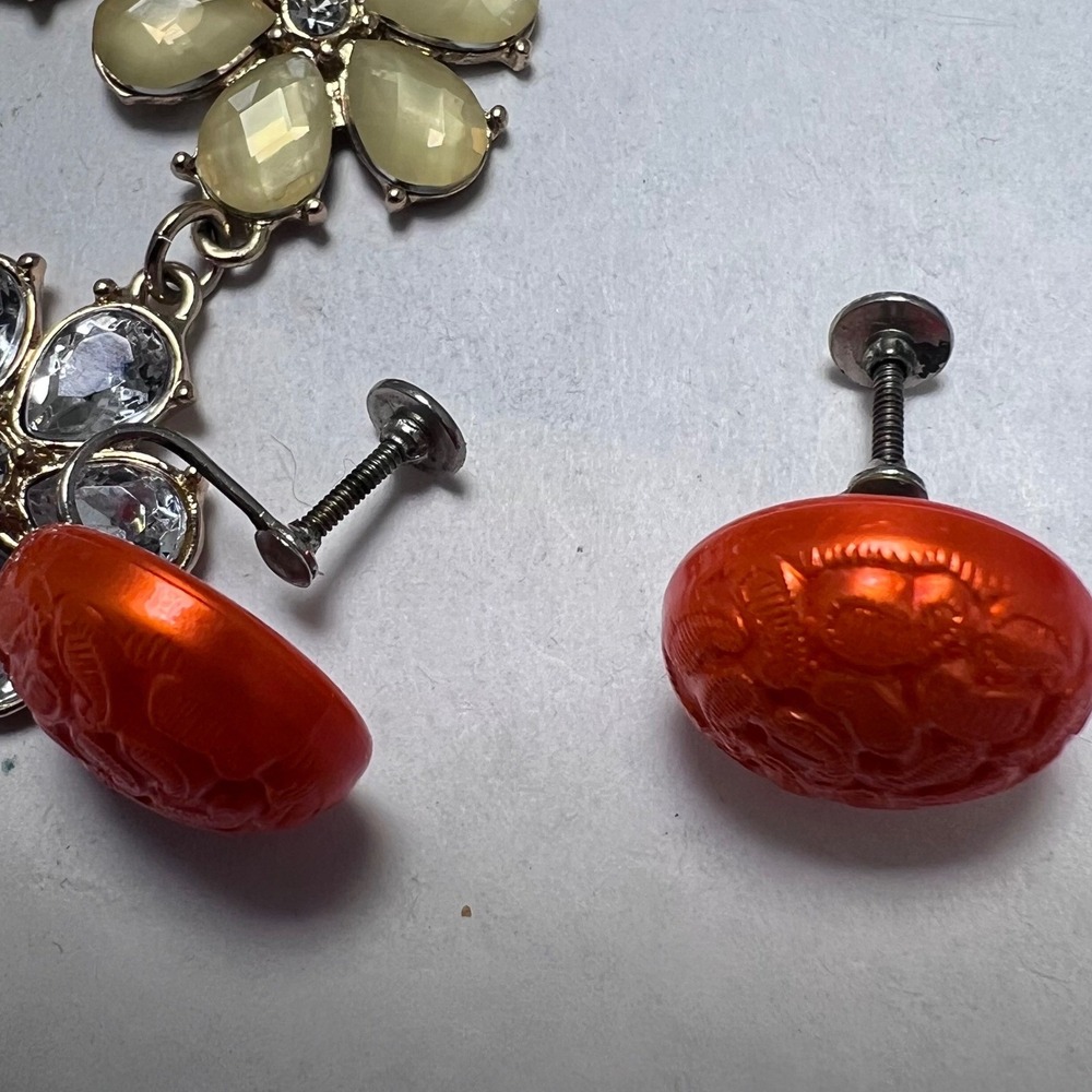 vtg - Modern Jewelry Orange Flowercore Bib Necklace Enamel Earrings Bangle‎ Cuff - Picture 14 of 16